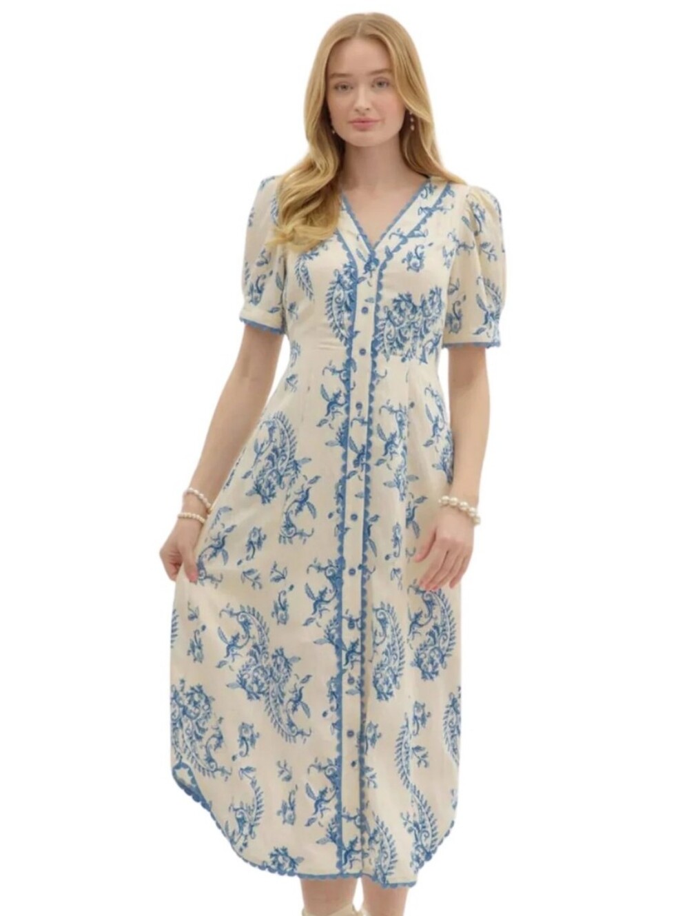 Entro Dress NWT Size Small Blue Cream Scalloped Trim Button Front Short Sleeve